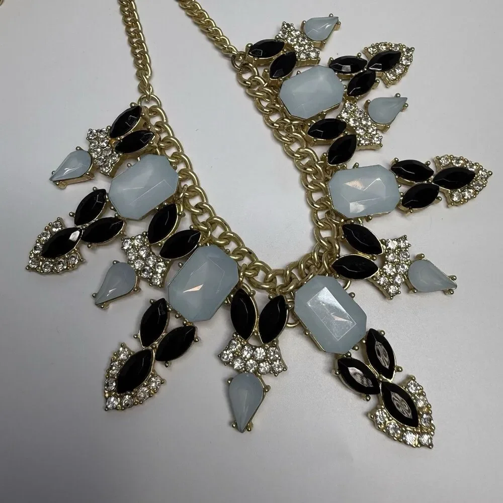 Talbots Blue And Black Rhinestone Gold Tone Chain Link Statement Necklace